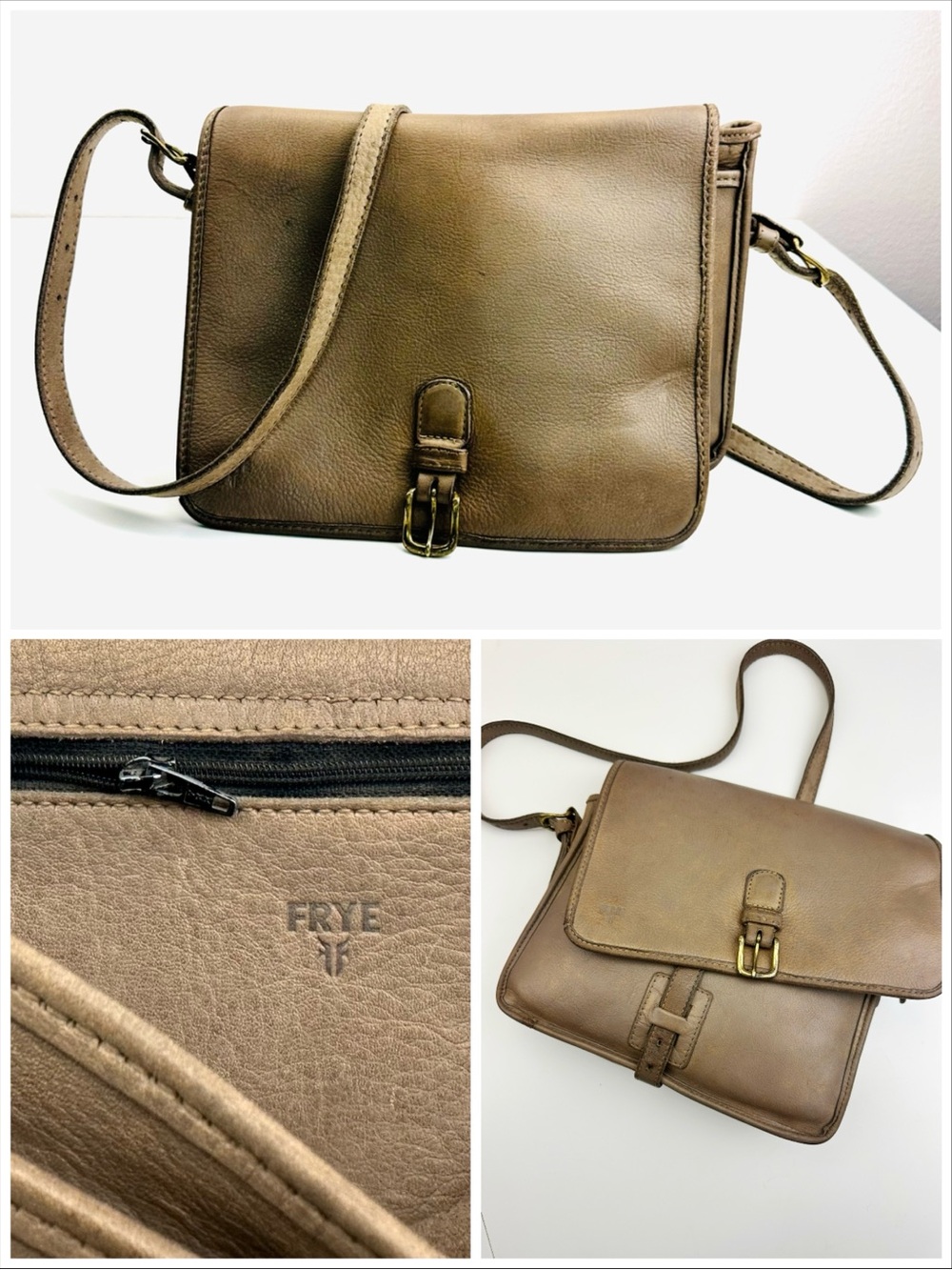 Frye Vintage Leather Messenger Crossbody Buckle Flap Bag Purse Distressed Tan